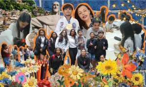 Colagem digital representando a equipe e participantes do projeto, com crianças, jovens e educadores em atividades, sobre fundo artístico com flores, lápis de cor e o Cristo Redentor.